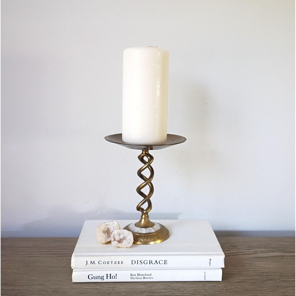 Solid Brass Mother of Pearl Pillar Candle Holder Barley Twist Candlestick Dish